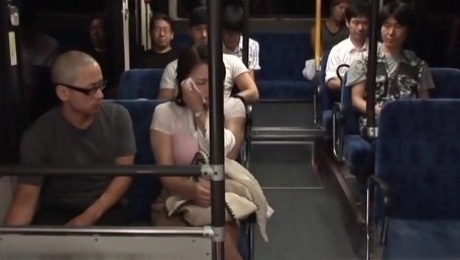 Two Guys Fucking a Busty Japanese Girl's Big Boobs in the Public Bus