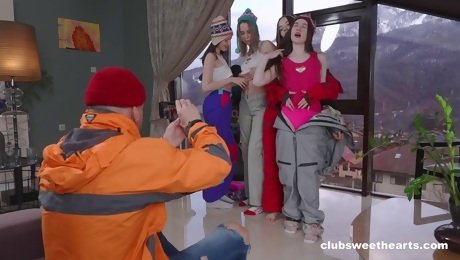 Aroused teens share the same cock in impeccable group scenes
