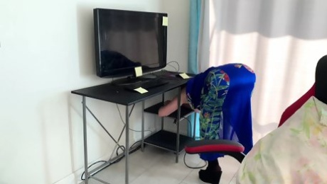 Stepmom gets stuck in a desk and stepson fucks her