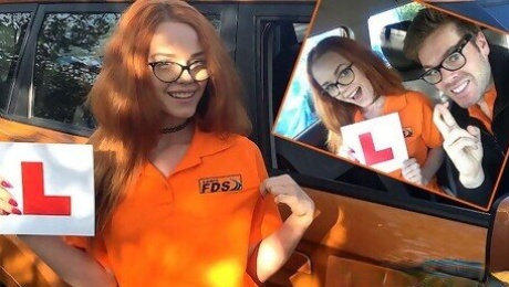 Fake Driving Instructor fucks his cute ginger teen student in the car and gives her a creampie