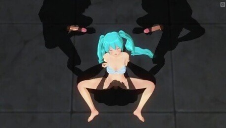 3D HENTAI Guys jerk off to Miku while she gets fucked