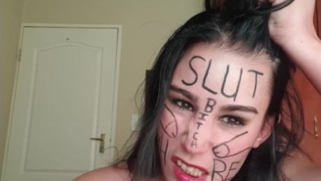 Self degrading slut gags herself and self face slapping with dirty talk